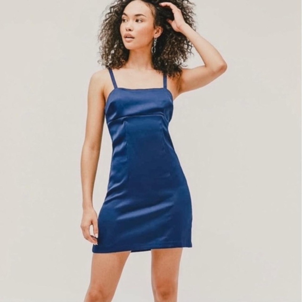 Urban Outfitters Navy Blue Strappy Satin Mini Dress Square Neck M Medium